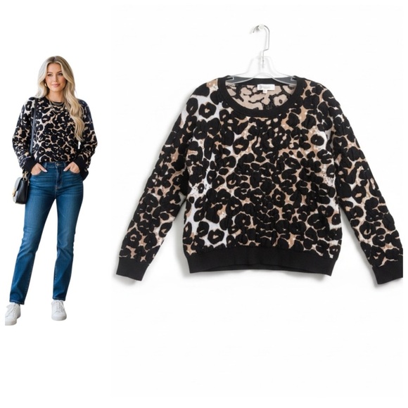 Sweaters - Vince Camuto Leopard Oversized Sweater Textured Animal Print Crew Top Neutral L